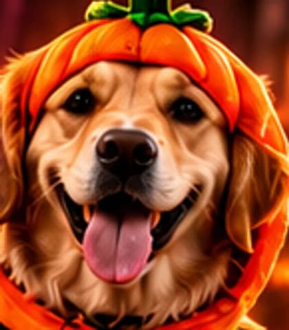 Un perrito, con su disfraz de Halloween generado con IA